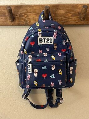 BT21 Girls Mini Backpack Navy Blue Character Print Faux Leather